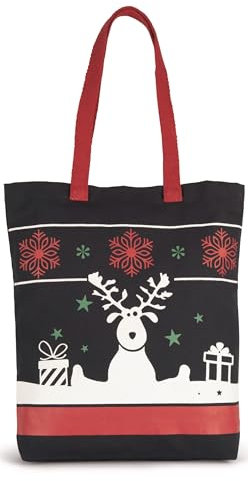 Weihnachtliche Baumwolltasche Baumwollbeutel Einkaufsbeutel Stoffbeutel mit Weihnachtlichem Rentier Reindeer Motiv und langen roten Henkeln 38 cm x 42 cm Vegan und OekoTex zertifiziert (Schwarz)