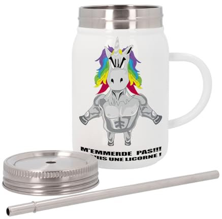 Mug Isotherme en Inox avec Couvercle et Paille - M'Emmerde pas Je Suis Une Licorne Dessin Super-Licorne Pas Content Méchant Musclé Animaux Fantastiques - 500 ml - Tasse Thermo