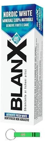 12x Blanx Dentifricio Sbiancante Nordic White,Whitening-Zahnpasta Anti-Flecken, mit 100% natürlichen nordischen Mineralien,sofortige Frische 75ml + Beni Culinari Kostenloser Schlüsselanhänger