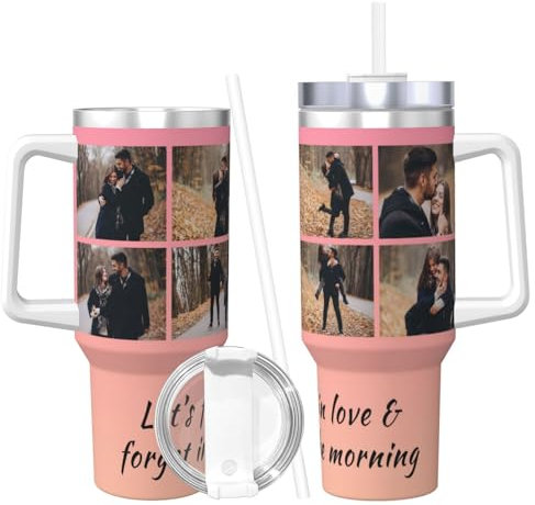 Naispanda Taza térmica Personalizado con Pajita y Asa, Termo de Acero Inoxidable, Taza de café con Tapa, Taza de Viaje, 1,2 litros, Regalos Personalizados para Mujeres, Hombres y Familias