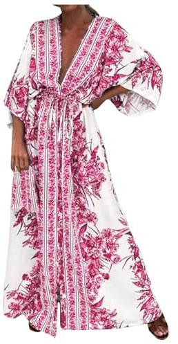 Cache Maillot de Bain Femme Robe de Plage Crochet Sarongs en Crochet Été Plage Couvrir Sexy V-Cou Bikini Cover Up Bohème Beachwear Long Dresses for Women Elegant 2025 (4D Rose Vif,XXL)
