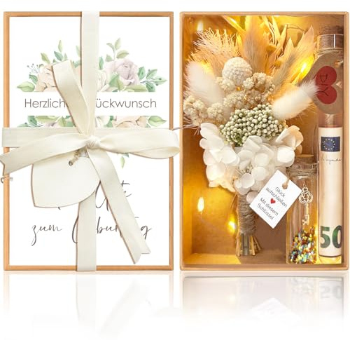 Geburtstagskarte Geschenk, Romantisches Geldgeschenk Sammelfiguren Trockenblumen + Reagenzglas + Geschenkbox + Karte + LED + Schlüssel für Geburtstag Für Frau Und Mann Kinder