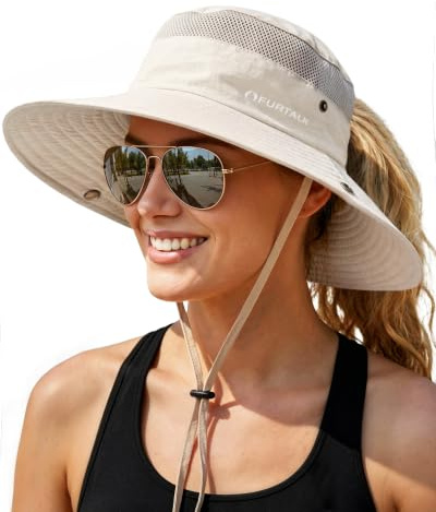 FURTALK Sun Hats for Women UV Protection Wide Brim Ponytail Hiking Hat | Superior UV protection, Lightweight Nylon, Quick-dry, Breathable Mesh, Foldable, Adjustable Chin Strap