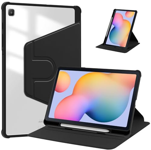 Haofun Custodia Compatibile con Samsung Galaxy Tab S6 Lite, Cover Protettiva Girevole a 360 Gradi con Supporto Pieghevole/Fessura per Penna, Pelle PU + Custodia in Acrilico Trasparente, Nero