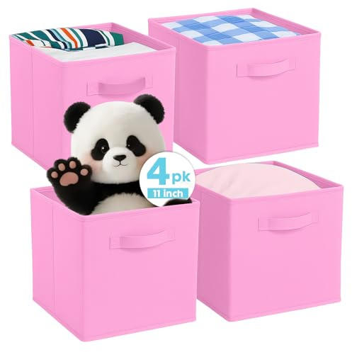 Pinkgarden Storage Box, Collapsible Fabric Storage Cube with Handles for Home, Kids Room, Closet and Toy Organization,Pack of 4, 26.7 x 26.7 x 27.9 cm, Pink