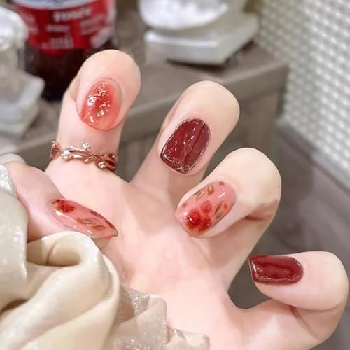 Yeahbo Short Square False Nails Red Flower 24Pcs with Glue,Stick On Gel Nails for Women French Tip Acrylic Press On Nails Short Fake Nail Set with Gold Foil Flower Design
