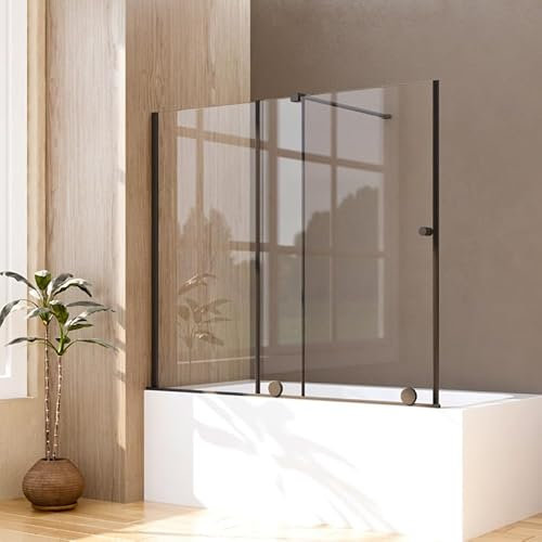 Goezes Duschwand für Badewanne 125x120cm Schwarz Schiebetür, Glas Badewannenaufsatz Duschtrennwand Duschabtrennung mit 6mm ESG Sicherheitsglas, Schiebetüren ausziehbar 70-125 cm