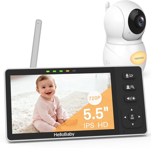 HelloBaby Babyphone, Kamera, 5,5 Zoll (14,9 cm), geteiltes IPS-Display, Babyphone ohne WLAN, Akku 4000 mAh, bidirektionaler Anruf, Nachtsicht, ECO, Temperaturanzeige, 8 Wiegenlieder, 1080P, 305 m