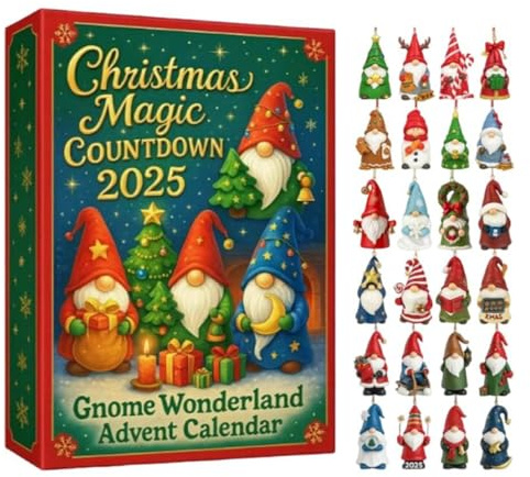 Adventskalender 2025 2D Zwerg – 24 Tage, Ornamente und Deko für Baum, festliches Geschenk