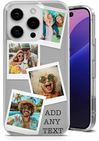 AMAZING Personalisierte Handyhülle für iPhone 17 Pro – Flexible TPU-Hülle, gestalten Sie Ihre Hülle mit Bildern und Text im Polaroid-Stil – 4 Fotos