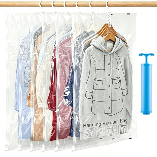 6 Stück Hängende Vakuumbeutel für Kleidung, 110×70 cm Vakuumierbeutel mit Handpumpe & Haken, Platzsparend Kleiderschrank Organizer für Clothing Anzüge Mäntel Jacken, Staub Feuchtigkeitsschutz