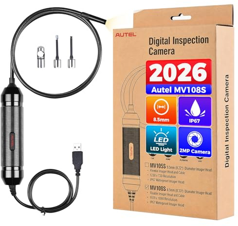 Autel MaxiVideo MV108S Digitale Inspektionskamera, 2026 Aktualisiert | von MV108 MV105S,USB Endoskopkamera, IP67 Wasserdicht, 1920P HD Rohrkamera, 1M Flexible Kabel für Autel Kfz Werkzeug & PCs
