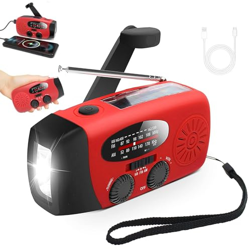 Solar-Notfallradio und Kurbel Dynamo, LED-Lampe SOS, AM/FM/WB, tragbar, Akku 2000 mAh, USB-Ladekabel für Telefon, ideal für Camping, Wandern, Überleben und Stromausfall (A)