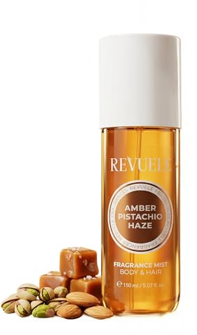 REVUELE Amber Pistachio Haze Body Mist 150 ml – Profumo Corpo Donna Gourmand con Pistacchio, Mandorla e Caramello Salato – Fragranza Dolce, Cremosa e Avvolgente, Spray Corpo Profumato