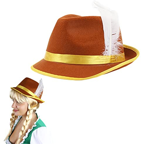 Ladies Bavarian Hat - Brown and Yellow Tyrolean Hat with Attached White Feather - Adults Oktoberfest Fancy Dress Costume Accessory