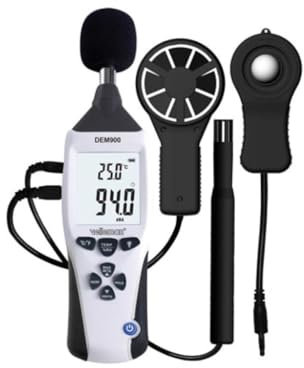 Velleman Multifunktionales Umweltmessgerät, 5-in-1, Temperatur, Luftfeuchtigkeit, Licht, Ton, Wind, Data-Hold, automatische Abschaltung