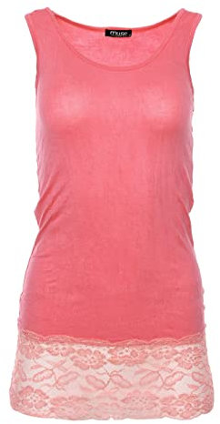 Easy Young Fashion - Damen Trägertop mit Spitzensaum - langes Unterziehshirt Skinny Fit 0518 (Koralle M/L)
