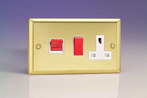 XV45PW - Varilight - Classic - Victorian Brass - 45 Amp Cooker Switch & 13 Amp Switched Plug Socket - White Inserts