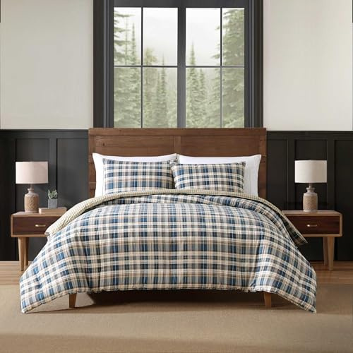 Eddie Bauer | 100% Cotton Soft and Cozy Premium Quality Plaid Duvet Cover Matching Pillowcases 3 Piece Bedding Set Machine Washable, Blue, King
