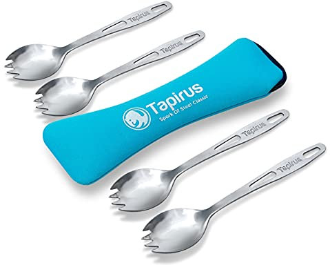 Tapirus Stainless Steel Classic Sporks Set of 4 - Save Space When Camping, Hiking or Backpacking - Heavy Duty Fire Proof Metal Tool - Long Handled, Reusable and Extra Light for Travel - with Case
