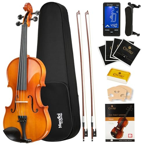 Mendini by Cecilio Violin 4/4 Full Size Set For Beginners - Hand Carved Acoustic Violins Set - Fiddle Solidwood Kit with Hard Case, Two Bows, Tuner, Rosin, Shoulder Rest, Extra Strings, Lesson Book