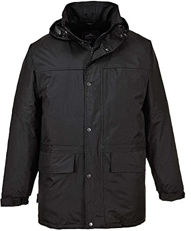 Portwest S523 Oban Winter Jacket Fleece Lined Stud Front Opening Waterproof | Black, Small, EN 343 Class 3:1, EN 342, Regular Fit, Thermal Insulation, Pack Away Hood, Hook and Loop Cuffs