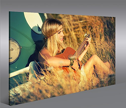 islandburner Bild Bilder auf Leinwand Hippie Girl V3 mit Bus T1 und Gitarre 1p XXL Poster Leinwandbild Wandbild Dekoartikel Wohnzimmer Marke