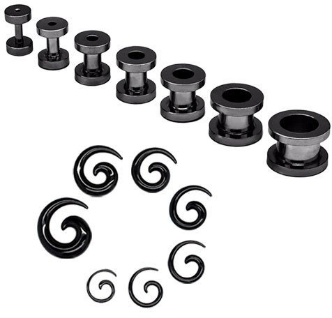 Soul-Cats Set Tunnel Dehner Tunnelset Dehnstab flesh schwarz silber Dehnungsset Dehnset, Auswahl:Set Tunnel schwarz & Schnecke schwarz