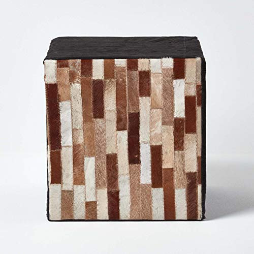 Homescapes Patchwork-Pouf schwarz-braun, Sitzwürfel 36x38 cm aus Fell & Leder, Lederhocker mit Ziegel-Muster, handgefertigt aus Recycling-Material
