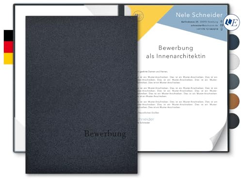 5 Stück 2-teilige Bewerbungsmappen Esclusiva® Classic-plus in Anthrazit mit 1 Klemmschiene // in 1A-Premium-Qualität mit hochwertiger Flach-Prägung „BEWERBUNG“ // Produkt-Design von Mario Lemani