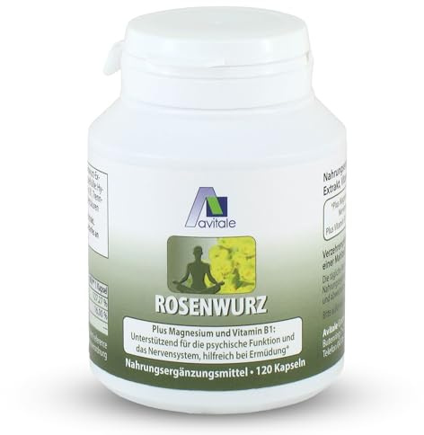 Avitale Rosenwurz 200 mg + Magnesium + Vitamin B1, vegan, 120 Kapseln | Hilfreich bei Ermüdung, unterstützend für die psychische Funktion und das Nervensystem: Vitamin (60 mg) + Vitamin B1 (1,4 mg)