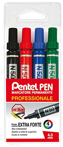 Pentel Pen N50 Marcatore Permanente Punta Conica Taschina 4 pz Colori Assortiti (nero,rosso,blu,verde)