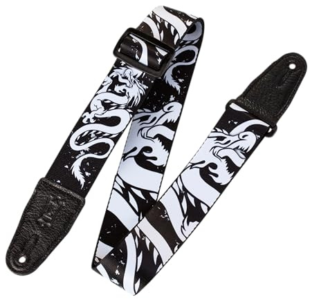 Levy's Leathers Eastern Harmony Series Gitarrengurt aus Polyester | Breite 5 cm | Schwarz/Weiß | Drachenmotiv | (MPD2-013)