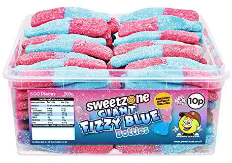 Sweetzone Fizzy Blue Bottles 805 Gram - 75 Pieces of Tub of Sweets - Chewy Sweets, Gummy Sweet - Halal Sweets for Delightful Moments - Fizzy Sweet