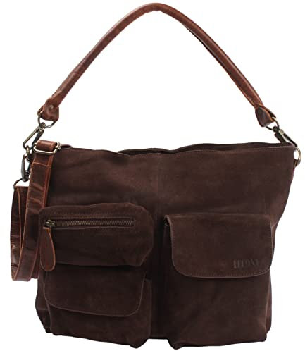 LECONI Schultertasche Ledertasche für Damen echtes Leder Natur großer Shopper Lederhandtasche für DIN A4 Damentasche Frauen Handtasche Veloursleder Wildleder 41x32x10cm dunkelbraun LE0039-V