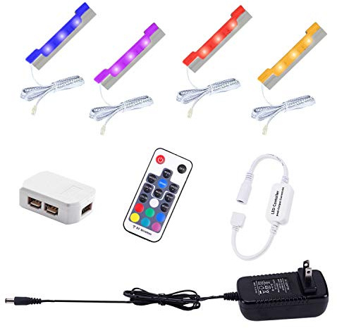AIBOO LED Under Cabinet Night Lights Kit for Glass Edge Shelf Back Side Lighting Using Flexible Cable and Clip with RF Remote(4 Lights,RGB)