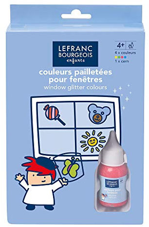 Lefranc Bourgeois - Peinture pailletée pour fenêtres pour enfants - 4 tubes couleur de 35ml, 1 cern de 60ml + supports prédessinés