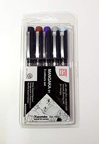 Kuretake CNM-01/5V Zig Cartoonist Mangaka 01, 5 Color Marker Pen Set