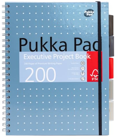 Pukka Pad, A4+ Metallic Executive Project Book – 22.5 x 29.6cm – 200 Page Hardback Wirebound Notebook with 8mm Lines and 80GSM Paper – Includes Repositionable Dividers with Pocket - 200 Pages, Blue