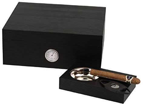 Humidor-Set Walnuss Dekor schwarz für ca. 25 Cigarren Trennleiste, Hygrometer, Polymerbefeuchter, Cutter, Ascher