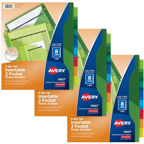 Avery Trennblätter für 3 Ringbücher, 8 Registerkarten, 2 Fächer, Kunststoff-Ordner-Trennblätter, einführbare große Register, mehrfarbig, 3 Sets (71907)