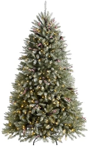 WeRChristmas Pre-Lit Decorated Snow Flocked Christmas Tree with 600 Warm White LED Lights, Green/White, 7 feet/2.1 m