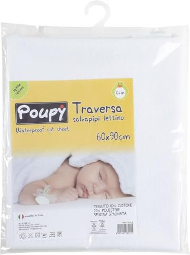 Poupy - wasserdichte Bettunterlage für Wiege, Baumwollfrottee-Oberseite, Phthalatfreie PVC-Beschichtung, Hergestellt in Italien, Bianco, 60x50 cm, Polyvinyl Chlorid