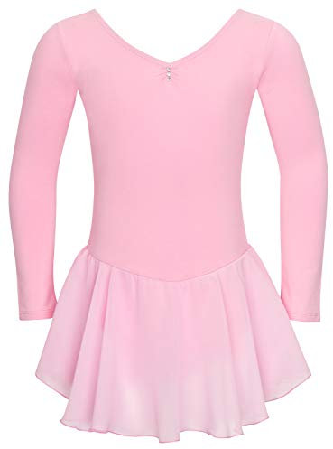 tanzmuster ® Ballettkleid Mädchen Langarm - Anna - aus weichem Baumwollstoff mit Glitzersteinen und Chiffon Röckchen fürs Kinder Ballett Ballettbodyin rosa, Größe:104/110