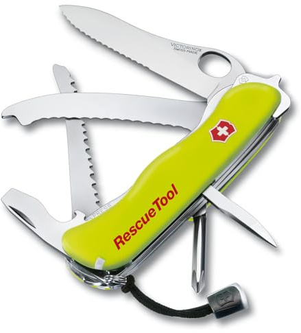 Victorinox Rettungsmesser RescueTool One Hand (Taschenmesser Feuerwehrmesser), Einhandklinge, Schraubendreher (Kistenöffner), Scheibenzertrümmerer, Frontscheibensäge, abgerundeter Gurtschneider