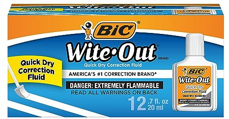 BIC Wite Out Quick Dry Correction Fluid, 20 mL, White, Goes on Easy With A Reduced Dry Time, 12-Count Pack