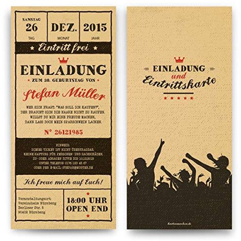 Kartenmachen.de Individuelle Einladungen zum Geburtstag (ab 10 Stück als Set) Vintage Retro Eintrittskarten Ticket Design Retro 50er Jahre