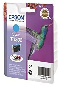 Epson Original T0802 Tinte Kolibri (Stylus Photo R265 R360 R285 RX585 RX685 PX700W P50 PX650 PX810FW PX710W PX820FWD PX720WD PX660 PX830FWD PX730WD RX560) cyan
