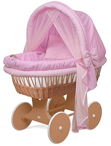 Waldin Baby Stubenwagen-Set mit Ausstattung, XXL, Bollerwagen, komplett, 24 Modelle wählbar, Gestell/Räder braun lackiert, Stoffe rosa/Punkte