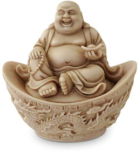Bouddha Chinois Rieur en bateau Dragon statue Effet vieilli